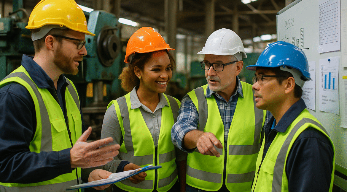 A manufacturing team engaged in a collaborative discussion on the shop floor.