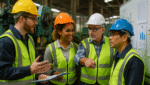 A manufacturing team engaged in a collaborative discussion on the shop floor.
