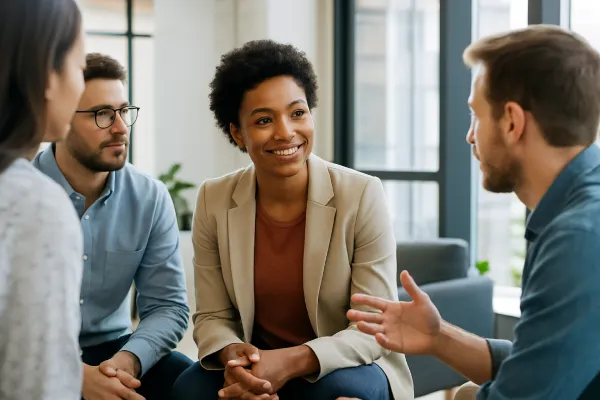 Leader having a transparent conversation with their team, showing authenticity and empowerment.