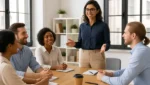 Confident team leader speaking with a group in a bright office environment