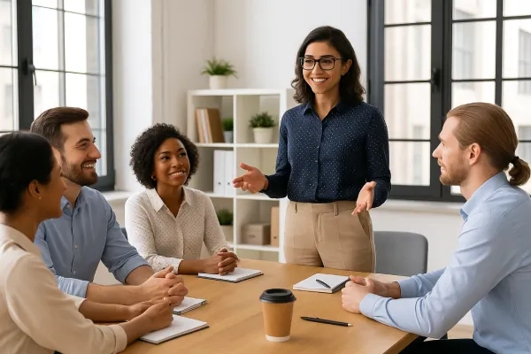 Confident team leader speaking with a group in a bright office environment