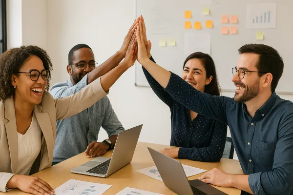 Team celebrating success after implementing productivity strategies