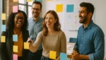 Team collaborating in a creative brainstorming session with post-it notes