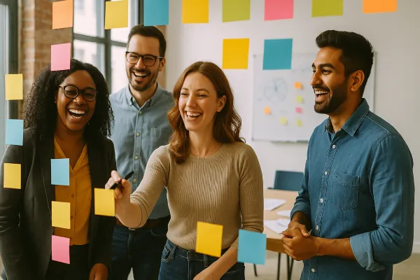 Team collaborating in a creative brainstorming session with post-it notes