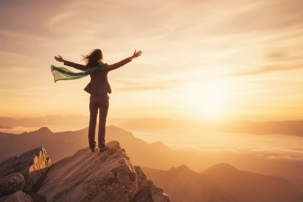 A person standing on a mountain peak at sunrise, symbolizing new perspectives and fresh beginnings