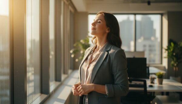 Professional leader pausing to breathe and reflect before responding in a stressful work situation