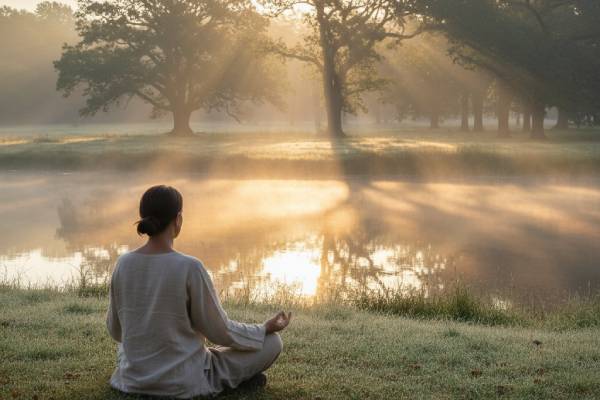 A person meditating cross-legged outdoors at sunrise, surrounded by soft light and gentle mist, representing calmness and mindfulness.
