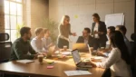 A diverse team of professionals collaborating in a bright meeting room focused on leadership development and employee engagement.