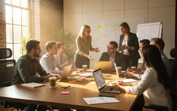 A diverse team of professionals collaborating in a bright meeting room focused on leadership development and employee engagement.