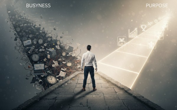 A professional choosing a clear path toward meaningful results instead of a cluttered road of distractions, symbolizing how leaders can redefine what good work means.