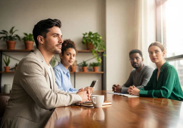 Leader taking a thoughtful pause during a meeting.
