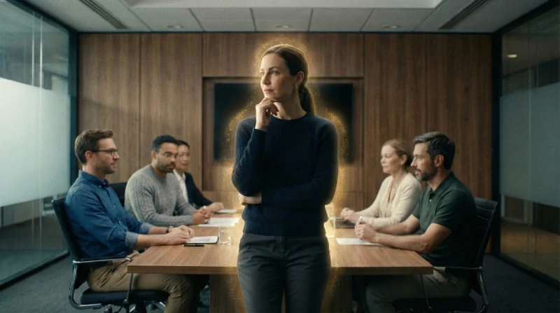 Person sitting at a negotiation table, pausing thoughtfully before responding, conveying calm confidence.
