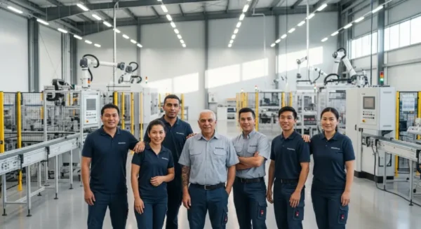 A diverse team standing together in a clean production facility, representing trust and collaboration.