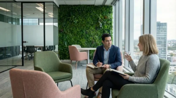A leader having a calm one-on-one accountability conversation with an employee in a modern office