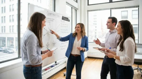 Team leader reviewing clear expectations and deadlines with employees during an accountability meeting
