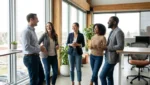 Small group of professionals standing in a relaxed circle having an open discussion, casual business attire, natural light from office windows, candid moment, authentic expressions, modern workplace