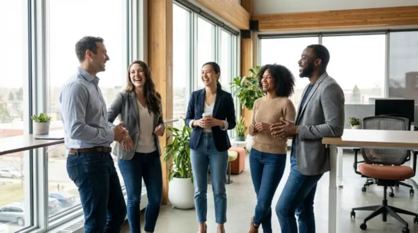 Small group of professionals standing in a relaxed circle having an open discussion, casual business attire, natural light from office windows, candid moment, authentic expressions, modern workplace
