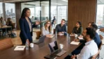 Leader providing clear direction to a team during a workplace meeting focused on trust, communication, and decision-making.