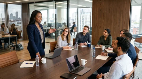 Leader providing clear direction to a team during a workplace meeting focused on trust, communication, and decision-making.