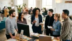 Leader guiding a workplace discussion about communication systems, accountability, and team alignment in a modern professional environment