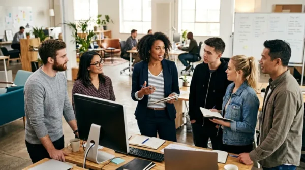 Leader guiding a workplace discussion about communication systems, accountability, and team alignment in a modern professional environment