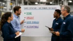 Leadership team in a manufacturing facility reviewing shared definitions for done, urgent, good enough, and accountable to build high-performance teams.