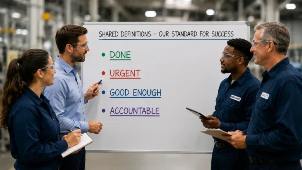 Leadership team in a manufacturing facility reviewing shared definitions for done, urgent, good enough, and accountable to build high-performance teams.