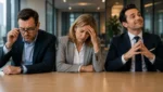 Three workplace leaders sitting at a conference table, representing an insecure boss, an overwhelmed boss, and a politically minded boss through distinct facial expressions and body language in a modern office setting.