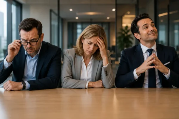 Three workplace leaders sitting at a conference table, representing an insecure boss, an overwhelmed boss, and a politically minded boss through distinct facial expressions and body language in a modern office setting.