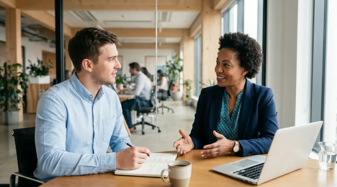 Leader having a one-on-one coaching conversation with a high-performing employee, discussing goals, feedback, and professional growth in a modern workplace.