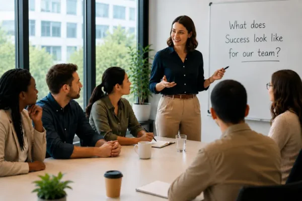 First-time manager leading a team meeting and discussing what success looks like for the team during the first 90 days of leadership.