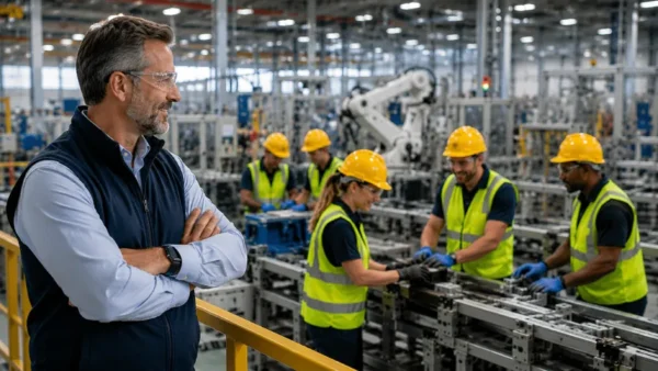 Experienced manufacturing leader proudly observing an empowered production team making decisions independently.