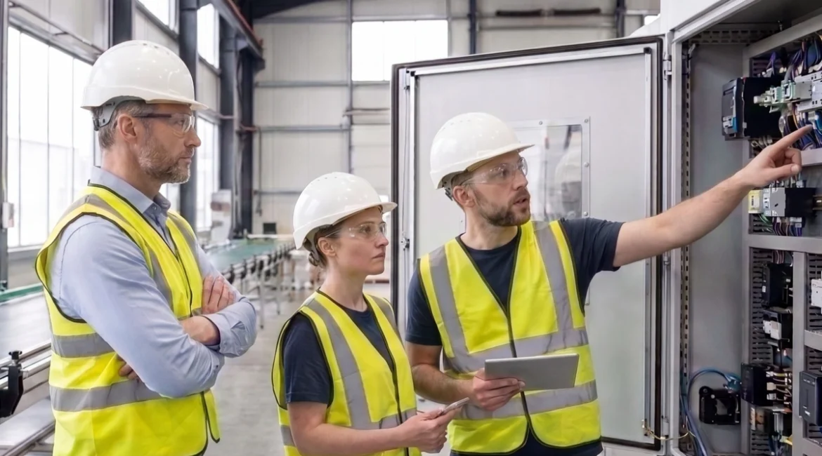 Manufacturing supervisor listening to employees during a production issue.