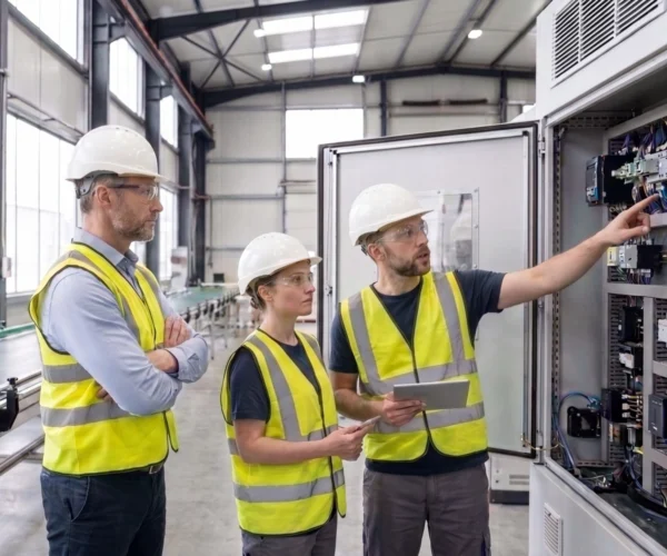 Manufacturing supervisor listening to employees during a production issue.