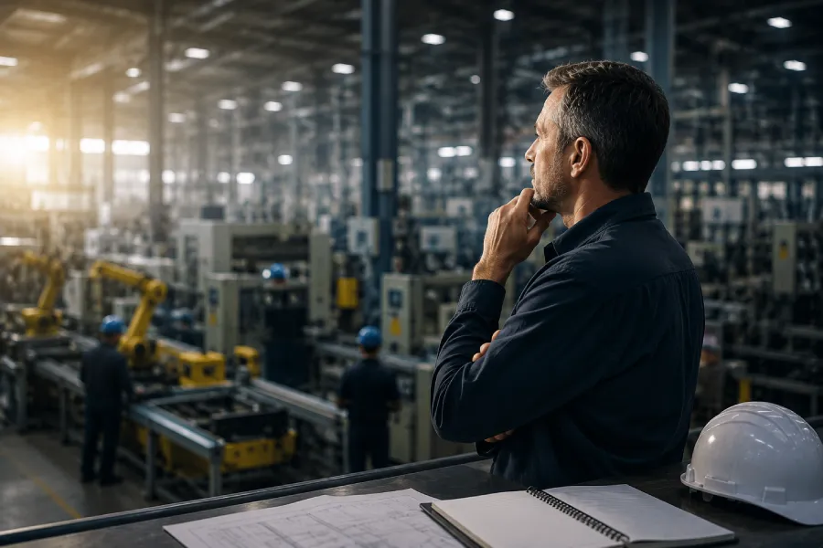 Manufacturing leader practicing self-management while observing the production floor to prevent pressure from affecting the team.