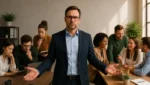 Manager standing between a disengaged team and an engaged team, showing signs of a bad manager and their impact on workplace culture.