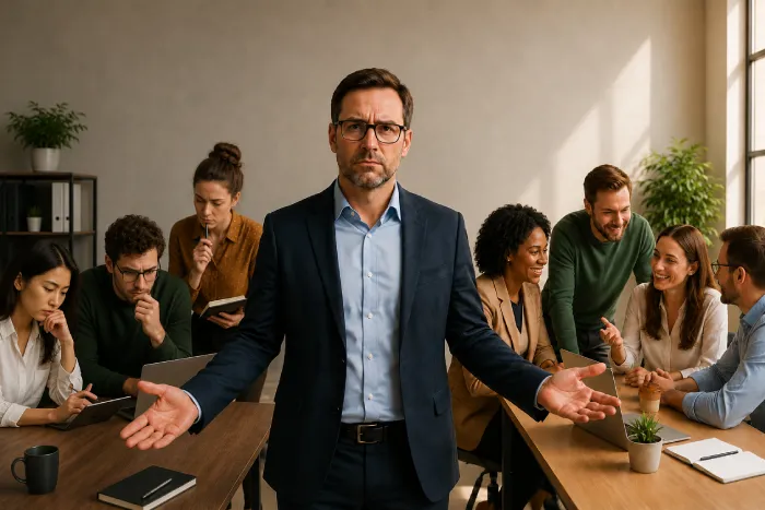 Manager standing between a disengaged team and an engaged team, showing signs of a bad manager and their impact on workplace culture.