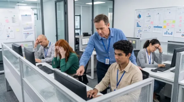 Manager micromanaging employees as they work at individual stations