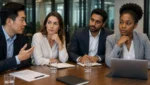 Professionals navigating office politics at work during a leadership meeting