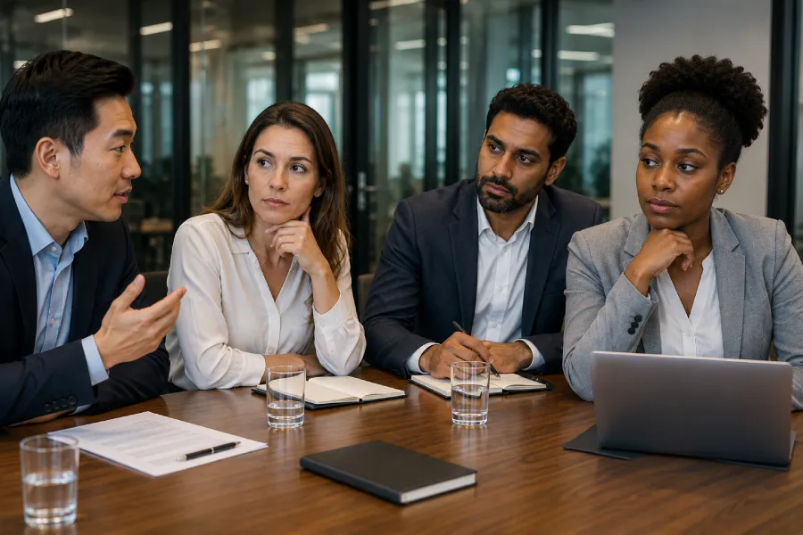 Professionals navigating office politics at work during a leadership meeting