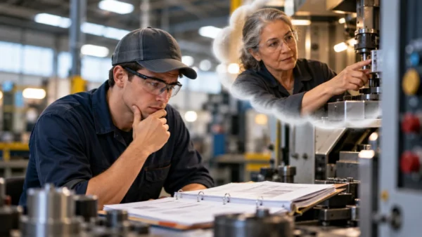 Experienced manufacturing employee sharing knowledge with a newer worker on the plant floor.
